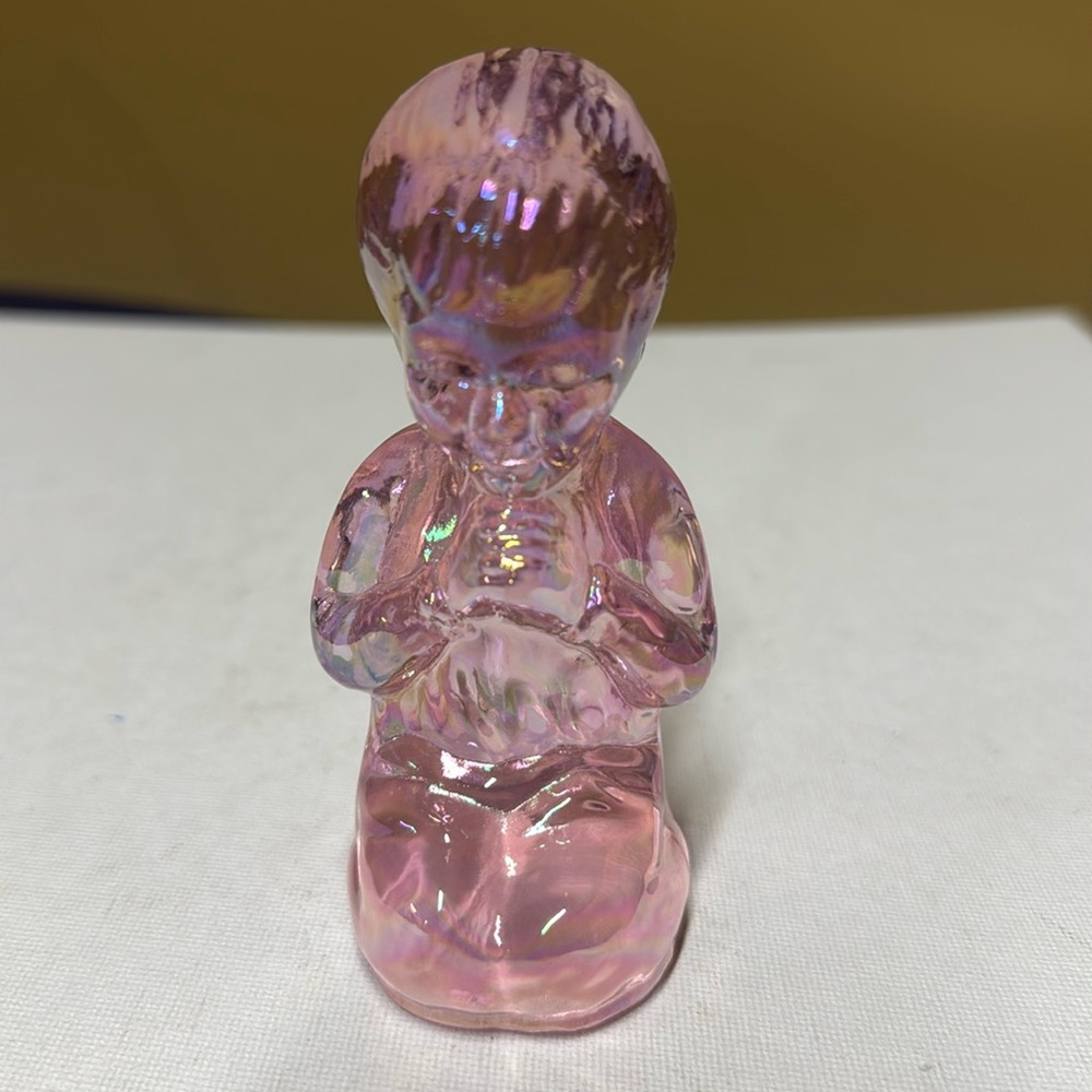 Fenton Praying Girl iridescent pink Glass 4.25” tall